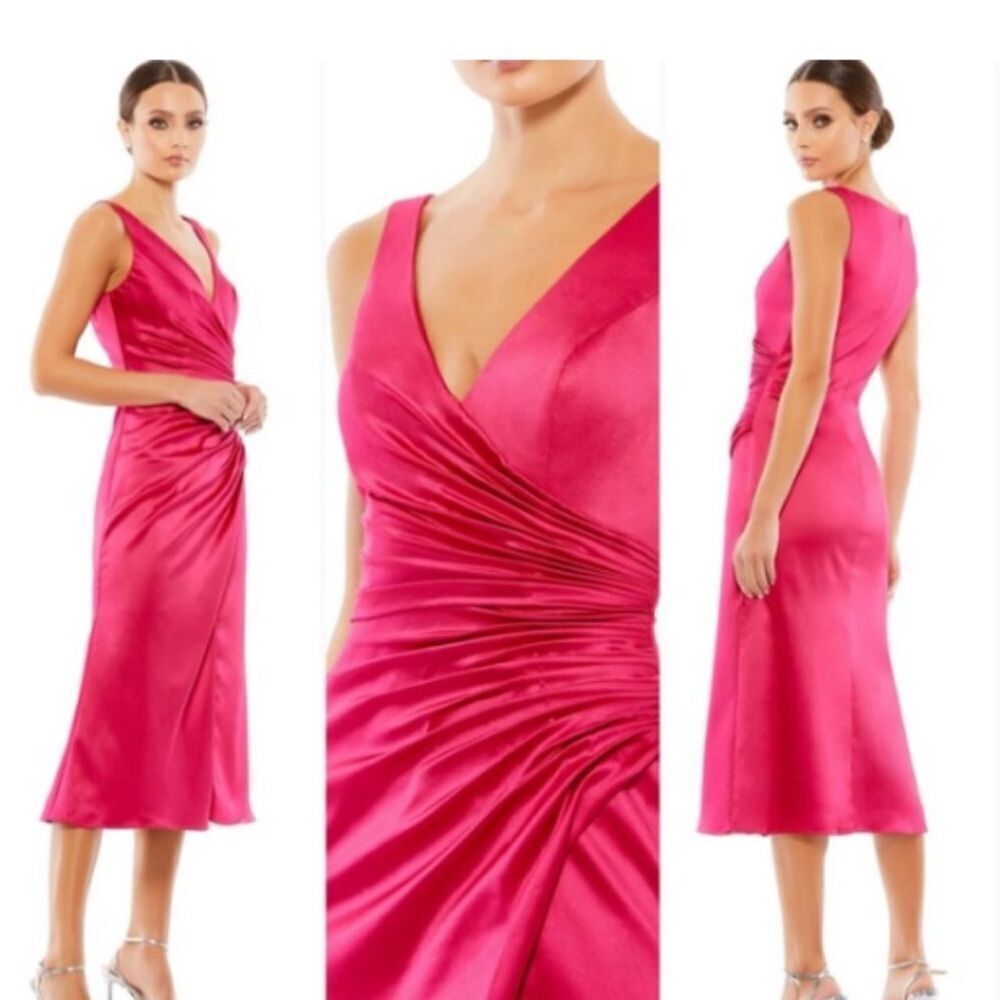 Ieena Mac Duggal 26625 Satin Ruched V-Neck Faux Wrap Lipstick Mini Sz 6